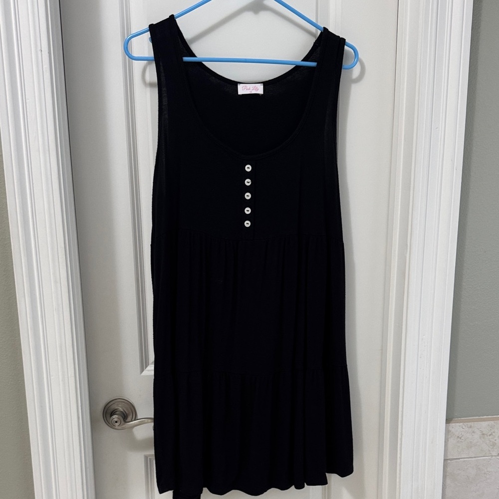 Pink Lilly Sleeveless Black Tiered Mini Dress with Front Button Detail
